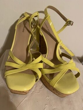 ANTONIO MELANI Yellow Strappy Cork Wedge Sandals